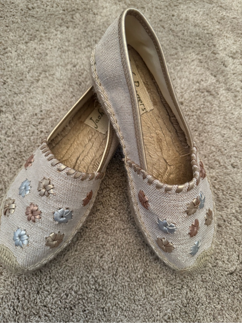 Jack Rogers Cream Slip-On Espadrilles with Metallic Floral Embroidery